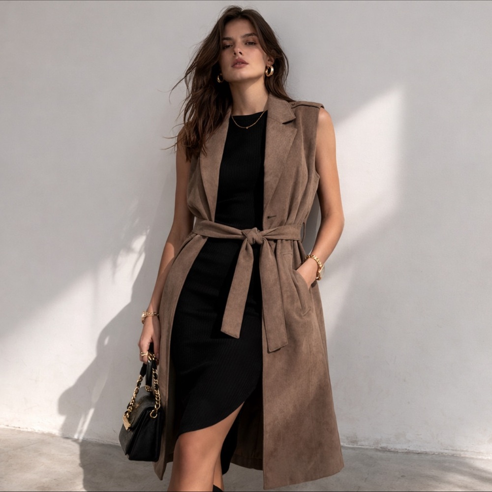 Zara Women's Faux Suede Long Vest Tan Sleeveless Trench Coat size XS